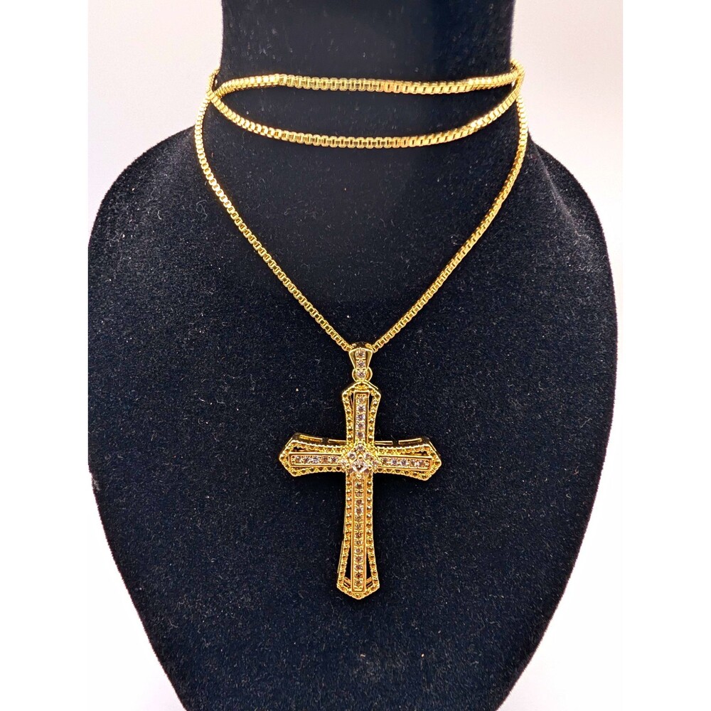 Gold Tone Cross Pendant Necklace Box Chain Clear Crystal Rhinestones 18 in